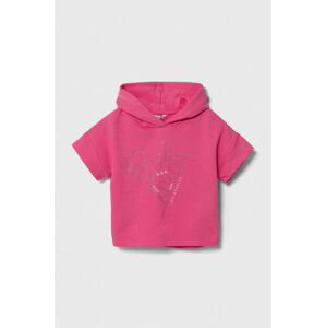 Dětská bavlněná mikina Guess růžová barva, s kapucí, s aplikací