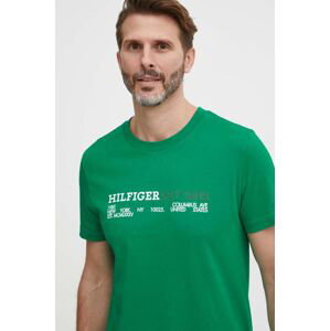 Bavlněné tričko Tommy Hilfiger zelená barva, s potiskem, MW0MW34435