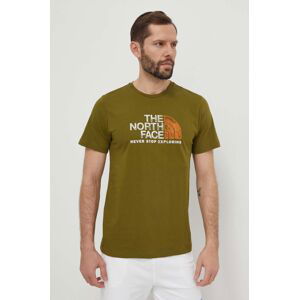 Bavlněné tričko The North Face zelená barva, s potiskem, NF0A87NWPIB1