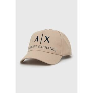 Bavlněná čepice Armani Exchange béžová barva, s aplikací
