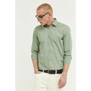 Košile HUGO pánská, zelená barva, slim, s klasickým límcem