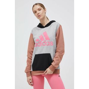 Mikina adidas dámská, šedá barva, s kapucí, vzorovaná