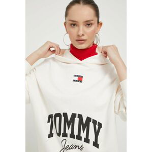 Bavlněná mikina Tommy Jeans dámská, béžová barva, s kapucí, s potiskem