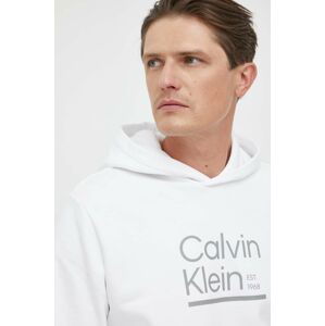 Bavlněná mikina Calvin Klein pánská, bílá barva, s kapucí, s potiskem