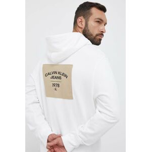 Bavlněná mikina Calvin Klein Jeans pánská, bílá barva, s kapucí, s potiskem