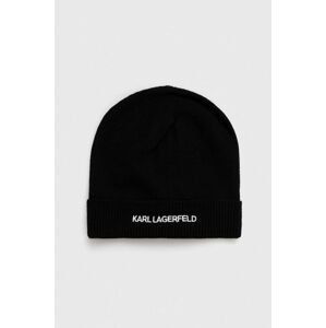 Čepice s vlněnou směsí Karl Lagerfeld černá barva, z tenké pleteniny