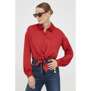 Košile Guess dámská, červená barva, relaxed, s klasickým límcem
