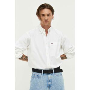 Bavlněné tričko Tommy Jeans bílá barva, relaxed, s límečkem button-down