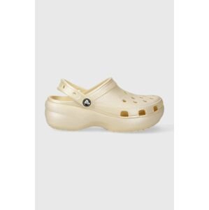 Pantofle Crocs CLASSIC PLATFORM SHIMMER CLOG dámské, béžová barva, na platformě, 208590