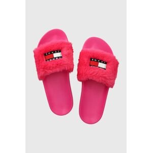 Pantofle Tommy Jeans TJW FUR POOL SLIDE dámské, růžová barva, EN0EN02410