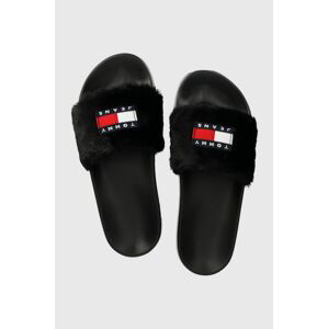 Pantofle Tommy Jeans TJW FUR POOL SLIDE dámské, černá barva, EN0EN02410