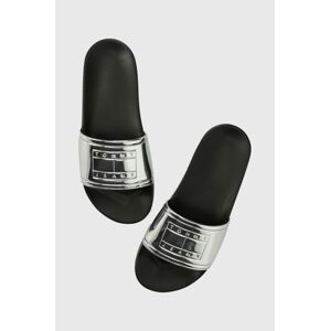 Pantofle Tommy Jeans TJW POOL SLIDE METALLIC dámské, černá barva, EN0EN02344