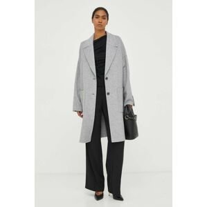 Vlněný kabát BOSS šedá barva, přechodný, oversize