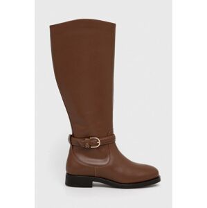 Kožené kozačky Tommy Hilfiger ELEVATED ESSENT THERMO LONGBOOT dámské, hnědá barva, na plochém podpatku, FW0FW07484