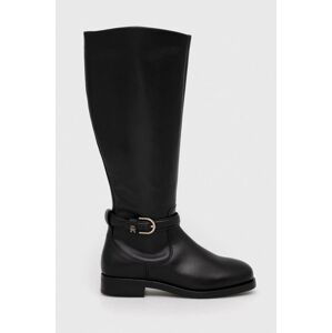 Kožené kozačky Tommy Hilfiger ELEVATED ESSENT THERMO LONGBOOT dámské, černá barva, na plochém podpatku, FW0FW07484