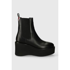 Kožené kotníkové boty Tommy Hilfiger ELEVATED WEDGE BOOTIE dámské, černá barva, na klínku, FW0FW07657