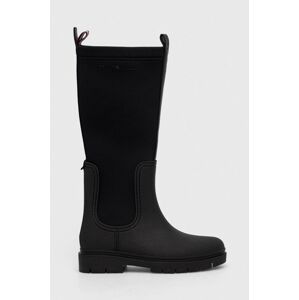 Kozačky Tommy Hilfiger ESSENTIAL TOMMY RAINBOOT dámské, černá barva, na plochém podpatku, FW0FW07666