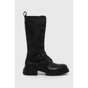 Kožené kozačky Tommy Hilfiger COOL MONOCHROMATIC BIKERBOOT dámské, černá barva, na plochém podpatku, FW0FW07338