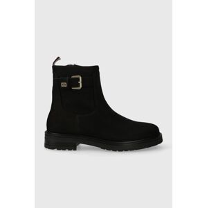 Semišové boty Tommy Hilfiger BELT BOOTIE NUBUCK dámské, černá barva, na plochém podpatku, FW0FW07478