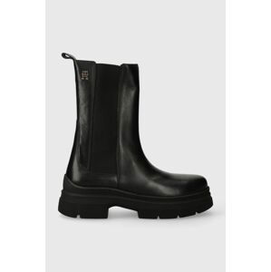 Kožené kotníkové boty Tommy Hilfiger ESSENTIAL LEATHER CHELSEA BOOT dámské, černá barva, na plochém podpatku, FW0FW07490