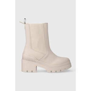 Boty s gumou Tommy Hilfiger RUBBERIZED MID HEEL BOOT dámské, béžová barva, na podpatku, FW0FW07520