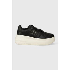 Kožené sneakers boty Tommy Jeans TJW RETRO BASKET FLATFORM CHARM černá barva, EN0EN02245