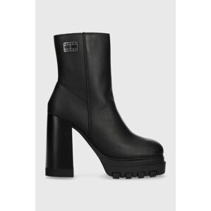 Kožené kotníkové boty Tommy Jeans TJW HIGH HEEL ANKLE BOOT dámské, černá barva, na podpatku, EN0EN02256