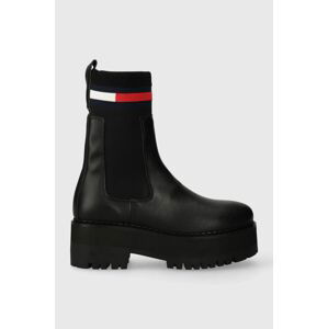 Kožené kotníkové boty Tommy Jeans TJW FLATFORM CHELSEA SOCK dámské, černá barva, na plochém podpatku, EN0EN02301