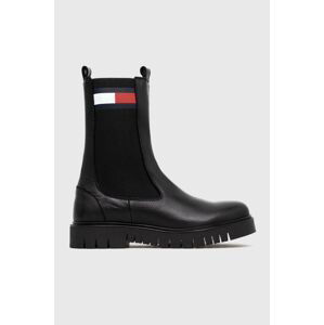 Kožené kotníkové boty Tommy Jeans TJW LONG CHELSEA BOOT dámské, černá barva, na plochém podpatku, EN0EN02315