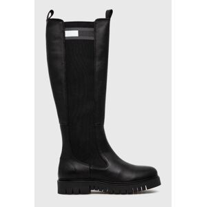 Kozačky Tommy Jeans TJW HIGH SHAFT BOOT dámské, černá barva, na plochém podpatku, EN0EN02316