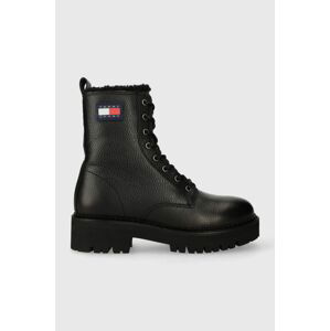 Kožené workery Tommy Jeans TJW URBAN BOOT TUMBLED LTR WL dámské, černá barva, na plochém podpatku, zateplené, EN0EN02317