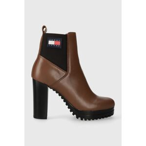 Kožené kotníkové boty Tommy Jeans TJW NEW ESS HIGH HEEL BOOT dámské, hnědá barva, na plochém podpatku, EN0EN02439