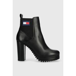 Kožené kotníkové boty Tommy Jeans TJW NEW ESS HIGH HEEL BOOT dámské, černá barva, na plochém podpatku, EN0EN02439