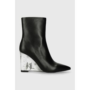 Kožené kotníkové boty Karl Lagerfeld ICE WEDGE dámské, černá barva, na klínku, KL34650