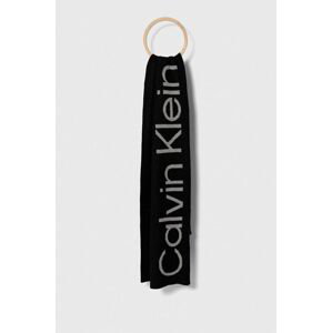Šátek z vlněné směsi Calvin Klein černá barva, vzorovaný