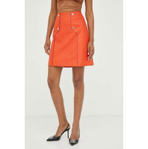 Kožená sukně BOSS oranžová barva, mini, áčková