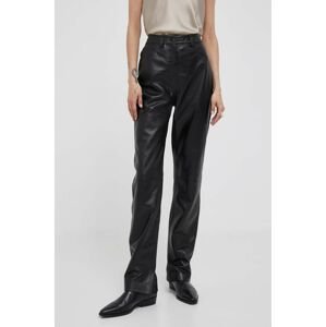 Kožené kalhoty Calvin Klein dámské, černá barva, jednoduché, high waist