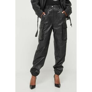Kožené kalhoty Moschino Jeans dámské, černá barva, kapsáče, high waist