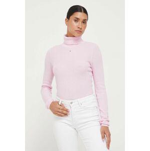 Svetr Tommy Jeans dámský, růžová barva, lehký, s golfem