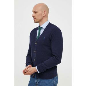 Cardigan se lněnou směsí Polo Ralph Lauren tmavomodrá barva