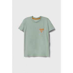 Dětské bavlněné tričko Guess tyrkysová barva, s potiskem