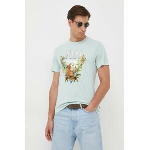Bavlněné tričko Guess tyrkysová barva, s potiskem