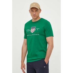 Bavlněné tričko Gant zelená barva, s potiskem