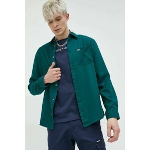 Košile Tommy Jeans pánská, zelená barva, regular, s klasickým límcem