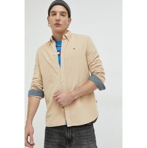 Manšestrová košile Tommy Jeans pánská, béžová barva, regular, s límečkem button-down