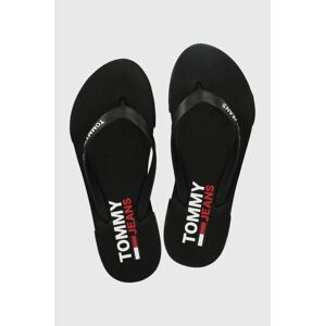 Žabky Tommy Jeans Flag Beach Sandal dámské, černá barva, na plochém podpatku