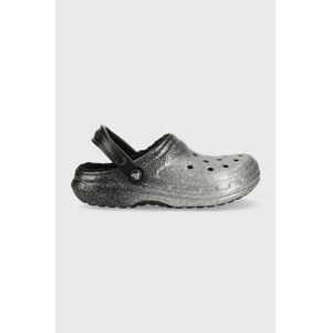 Pantofle Crocs Classic Glitter Lined Clog dámské, stříbrná barva