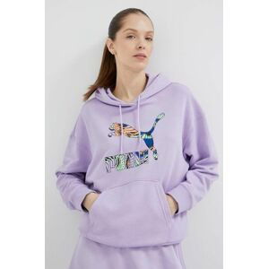 Mikina Puma dámská, fialová barva, s kapucí, s potiskem
