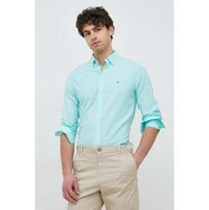Košile Tommy Hilfiger pánská, tyrkysová barva, regular, s límečkem button-down