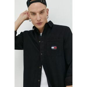 Džínová košile Tommy Jeans pánská, černá barva, regular, s klasickým límcem